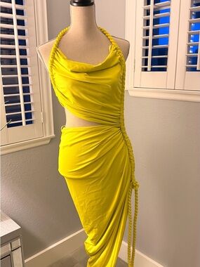 Luxxel Lemon Yellow Ruched Halter Dress